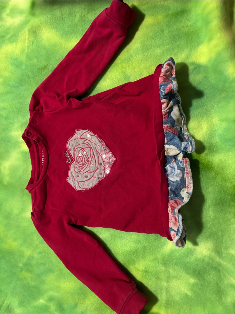 Girls' Guess Long-Sleeve Red Top with Rose Applique and Floral Ruffle